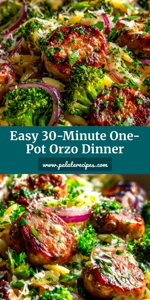 A top-down view of a white bowl filled with creamy chicken sausage and broccoli orzo, garnished with fresh parsley. This easy one-pot meal is perfect for a quick weeknight dinner.