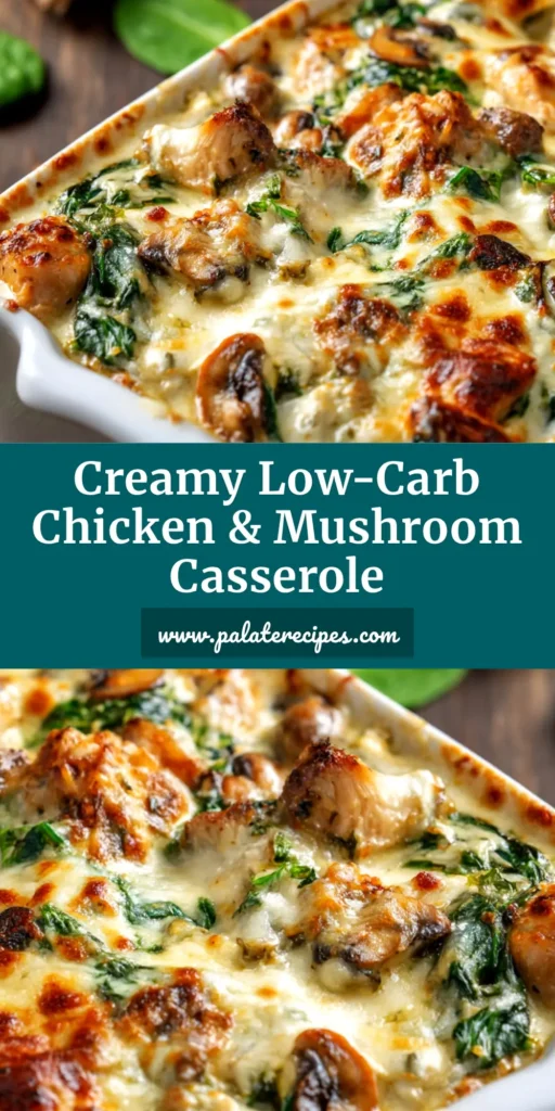 A close-up overhead shot of the finished Chicken Spinach and Mushroom Low-Carb Casserole in a white baking dish, showing the golden-brown melted cheese topping.