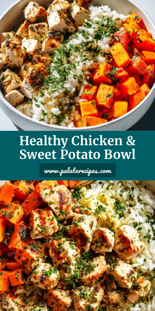 A beautiful overhead shot of a finished Chicken Sweet Potato Rice Bowl, showing the vibrant colors of the roasted sweet potatoes, chicken, black beans, and a creamy dressing.