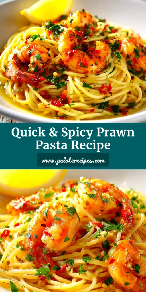 A close-up overhead shot of a white bowl filled with delicious Chilli Garlic Prawn Pasta, garnished with fresh parsley and red chilli flakes.
