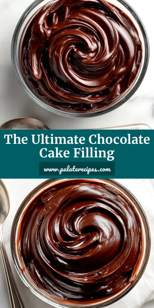 Chocolate Cake Filling Recipe (That's Rich, Fudgy, and Stable!) 4 A bowl of rich and fudgy chocolate cake filling recipe, whipped to a perfect, stable consistency for layer cakes. A spatula rests in the bowl, showing off the silky texture.