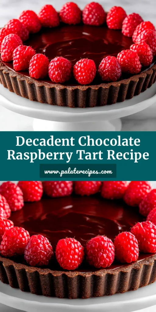 An overhead shot of a whole Chocolate Raspberry Tart Recipe, beautifully decorated with a spiral of fresh red raspberries on a dark, glossy ganache filling.