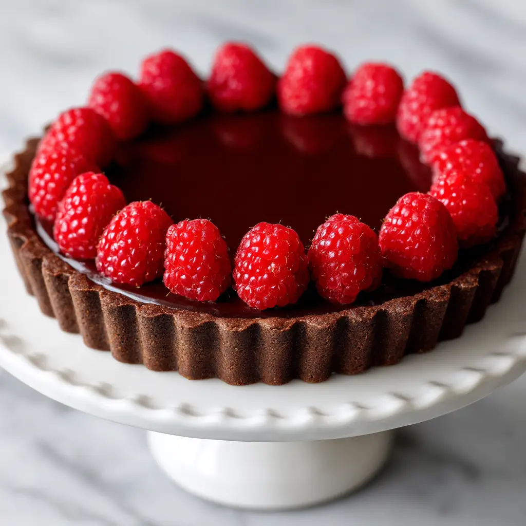 A close-up slice of the chocolate raspberry tart on a plate, revealing the crisp cookie crust and the smooth, decadent ganache filling.
