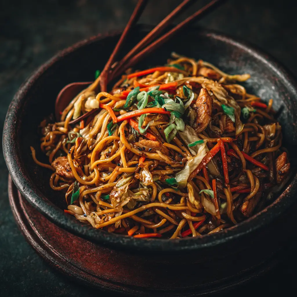 A detailed close-up of the savory chow mein sauce coating the egg noodles and pieces of chicken.