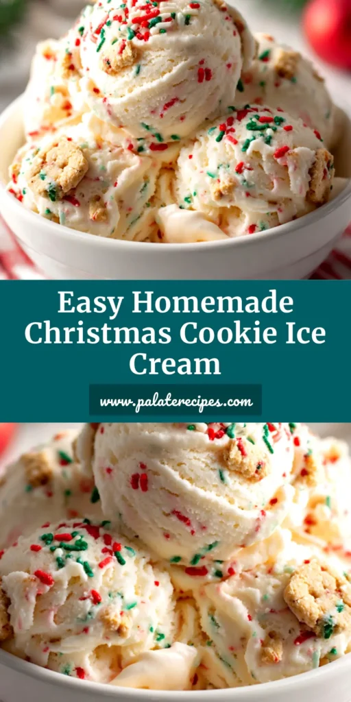 A scoop of homemade Christmas Cookie Ice Cream in a festive bowl, showing chunks of sugar cookies and red and green sprinkles. The perfect no-churn holiday dessert recipe.