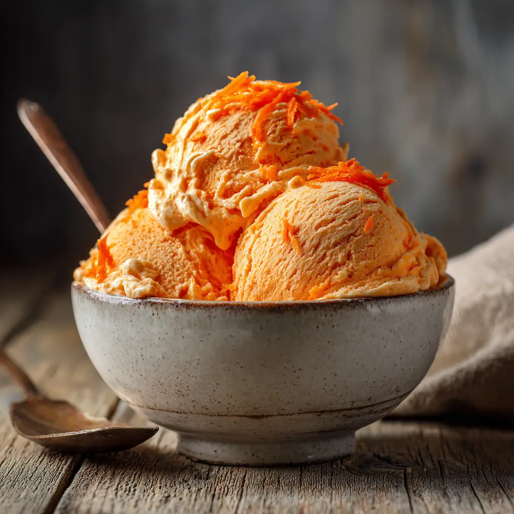 A bowl filled with freshly churned carrot cake ice cream, ready to be layered with cream cheese swirl and frozen.