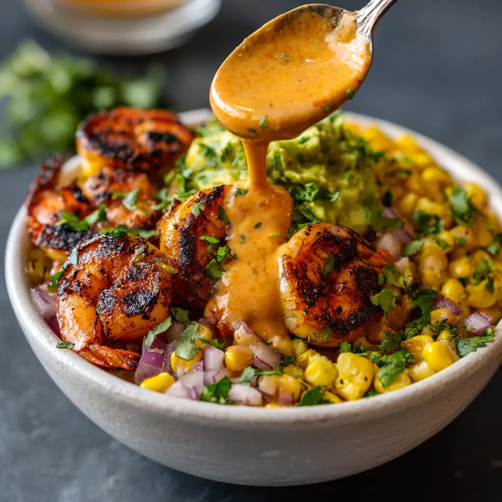 Assembling the cilantro lime shrimp bowl, showing all the colorful ingredients like corn, black beans, and tomatoes ready to be mixed.