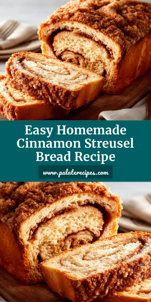 Cinnamon Streusel Bread Recipe (The Ultimate Guide) 4 A perfect Cinnamon Streusel Bread Recipe! A freshly baked loaf sits on a wooden board, with a slice cut to reveal a beautiful cinnamon swirl. The top is covered in a crunchy streusel topping.