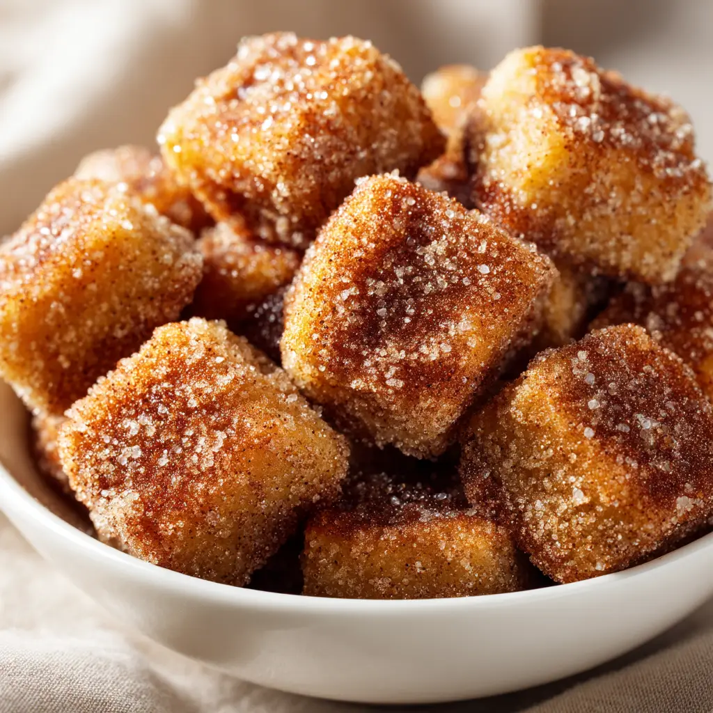 A bowl of cinnamon sugar mixture next to a bowl of melted butter, ready for coating the warm biscuit bites.