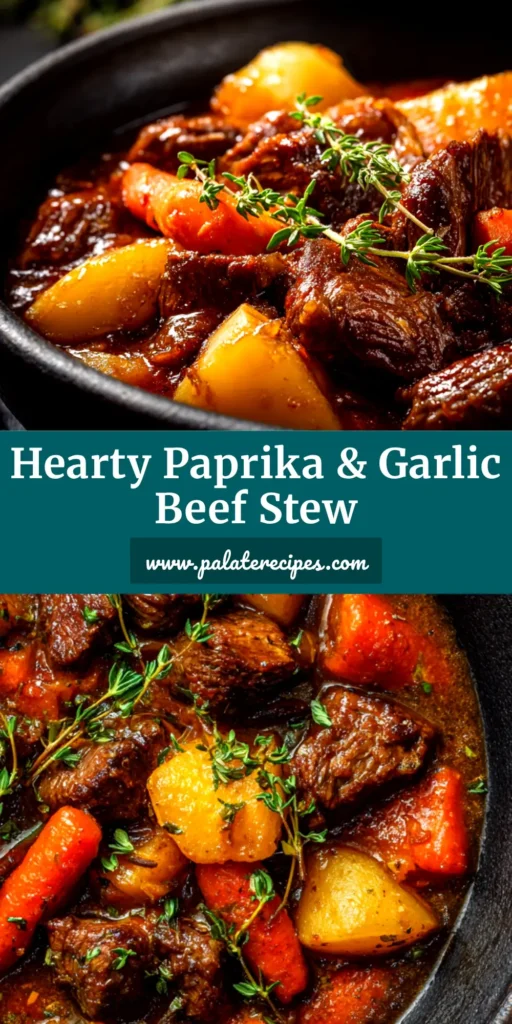 A close-up overhead shot of a rich and hearty beef stew in a rustic bowl. This classic beef stew recipe is packed with tender beef, carrots, and potatoes in a thick, savory gravy.