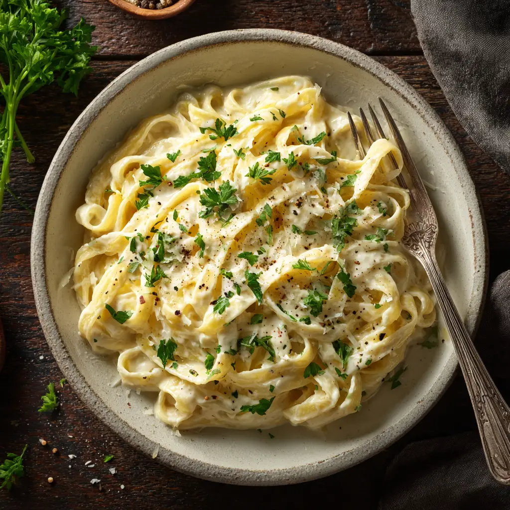 A pan of classic Fettuccine Alfredo being prepared, with steam rising and fresh parsley being sprinkled on top.