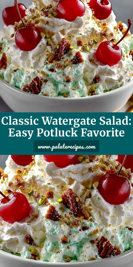 A large bowl of classic Watergate Salad, a green pistachio fluff dessert with pineapple, marshmallows, and pecans. This easy, no-bake recipe is a perfect potluck dish.
