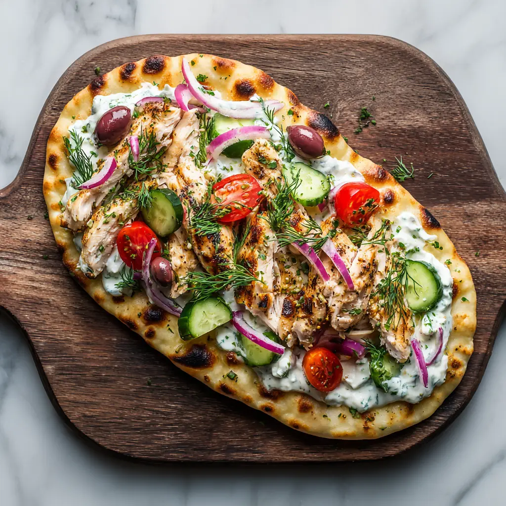 Juicy, cooked pieces of marinated Greek chicken in a skillet, ready to be added to the flatbreads.