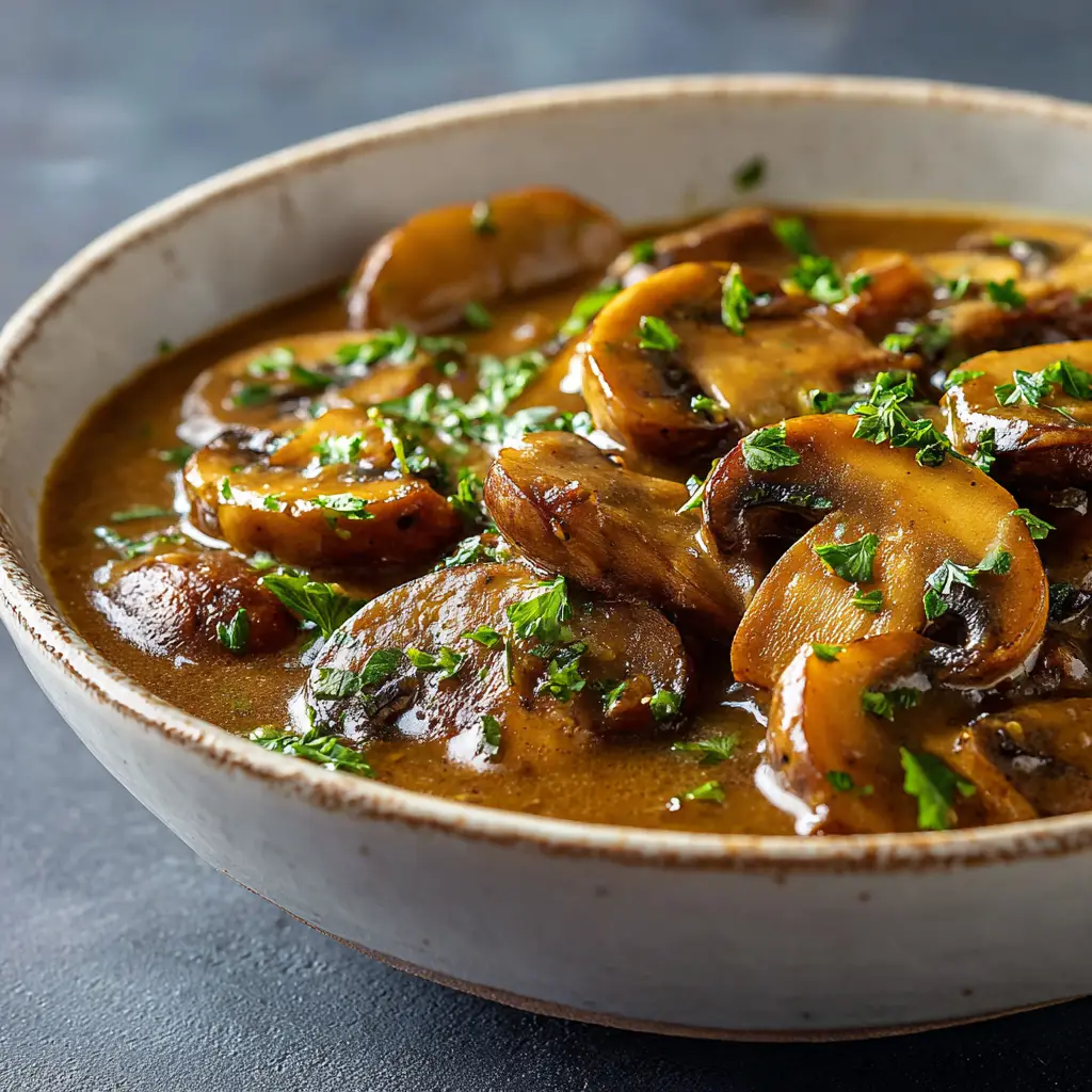 Sautéing sliced cremini mushrooms and aromatics in a skillet, a key step in this easy mushroom gravy recipe.