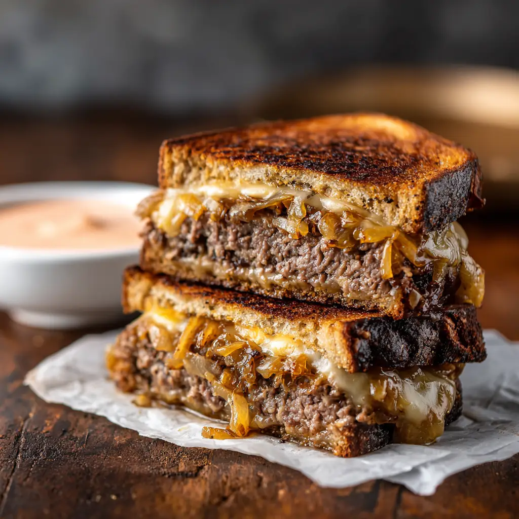 A patty melt being grilled in a skillet. The image shows the golden-brown crust forming on the rye bread and cheese melting out the sides. A crucial step in this patty melt recipe.