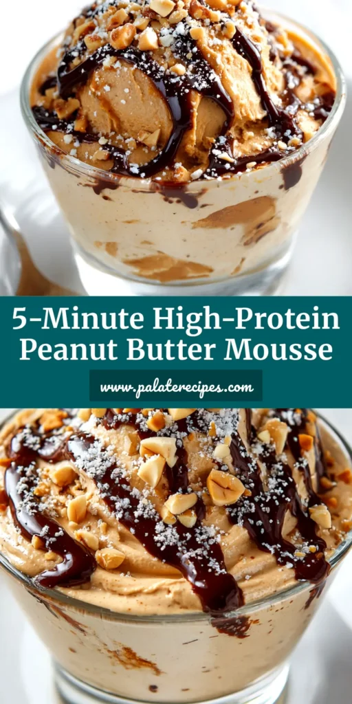 A shareable pin image showing creamy Cottage Cheese Peanut Butter Mousse in a glass, topped with crushed peanuts. The text overlay reads '5-Minute High-Protein Peanut Butter Mousse'.
