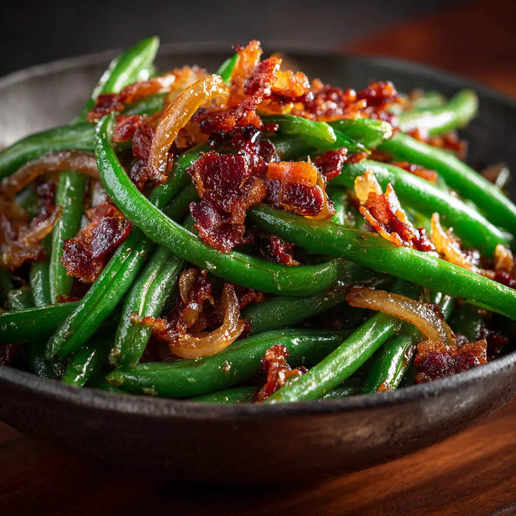 A baking dish filled with savory Crack Green Beans, showing the combination of tender green beans and crispy bacon.