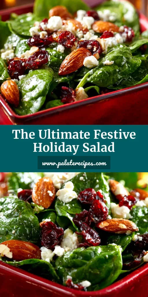 An overhead shot of a vibrant cranberry spinach salad in a white bowl, tossed with feta and pecans, with a side of creamy poppy seed dressing. The perfect holiday salad recipe.