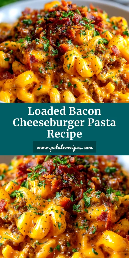 A large white bowl filled with creamy Bacon Cheeseburger Pasta, garnished with crispy bacon bits and fresh parsley, ready to be served.