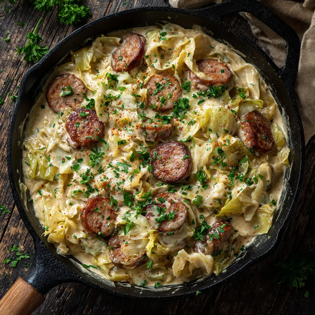 Cajun Sausage Cabbage Alfredo: Your New Favorite Low-Carb Dinner 3 A close-up overhead shot of creamy cajun sausage and cabbage skillet.