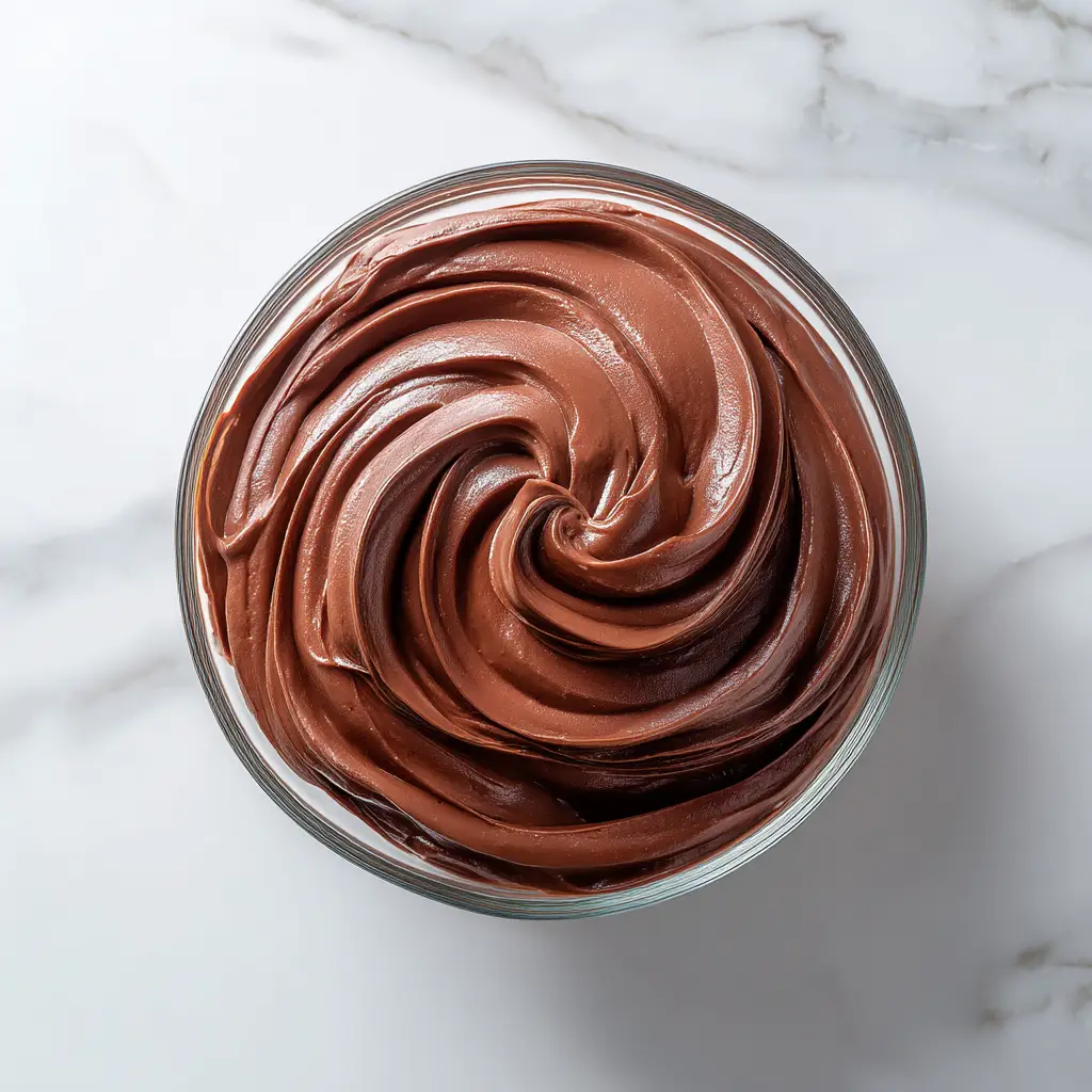 Chocolate Mousse Filling (Perfect for Cakes & Tarts) 3 A close-up overhead shot of the rich chocolate mousse filling in a glass bowl, highlighting its smooth and creamy texture.