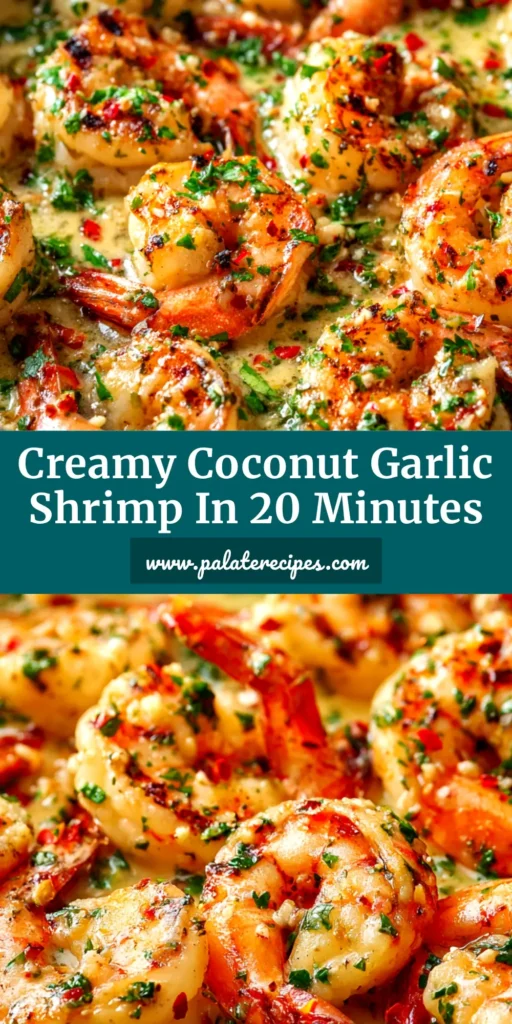 A top-down view of Creamy Coconut Garlic Shrimp in a white bowl, garnished with fresh herbs. The perfect pin to save for a quick and easy weeknight dinner recipe.