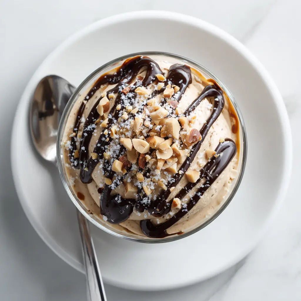 Two bowls of creamy cottage cheese mousse with peanut butter, garnished with chopped nuts and ready to eat.