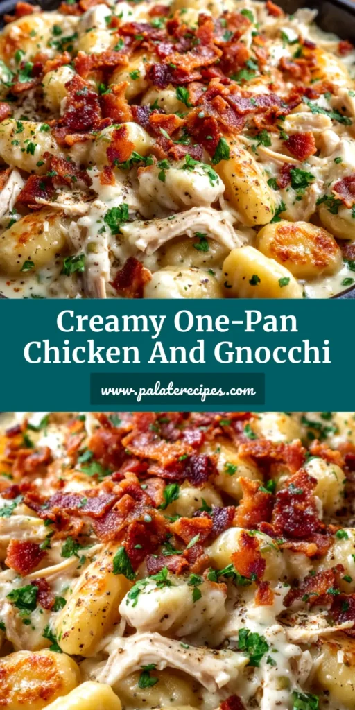 A skillet of creamy crack chicken gnocchi garnished with bacon and green onions, ready to be served. A delicious and easy one-pan dinner idea.