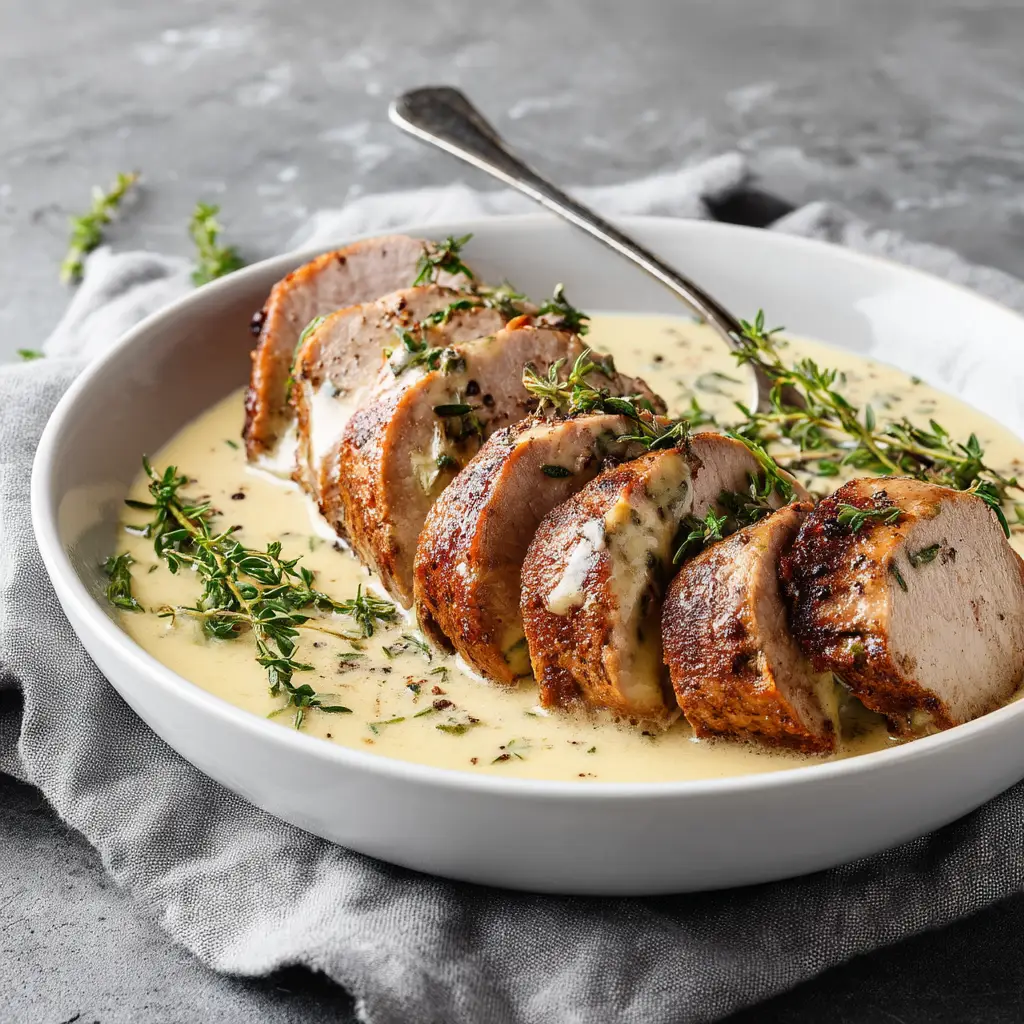 The pork tenderloin cooking in a cast-iron skillet, simmering in the creamy Dijon sauce before going into the oven. An easy weeknight dinner in the making.