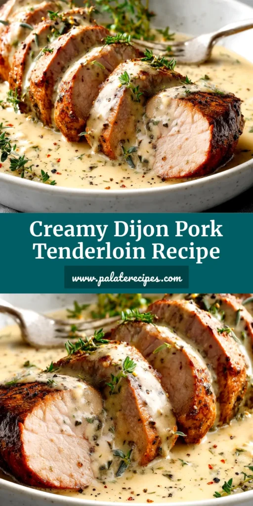 A beautiful overhead shot of Creamy Dijon Pork Tenderloin, sliced and fanned out on a platter, generously topped with a rich, creamy sauce and fresh thyme.
