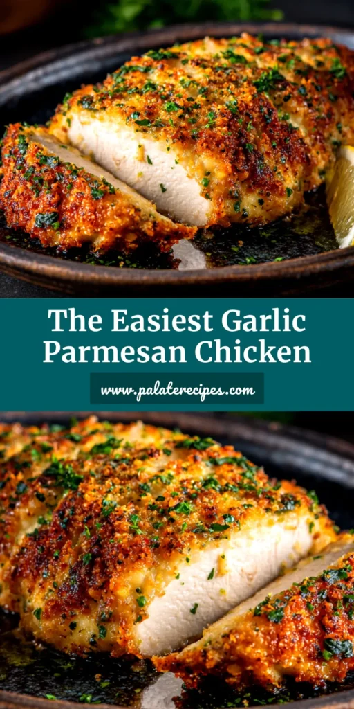 A close-up overhead shot of creamy Garlic Parmesan Chicken in a black skillet, garnished with fresh parsley. The chicken is golden brown and coated in a rich, cheesy sauce.