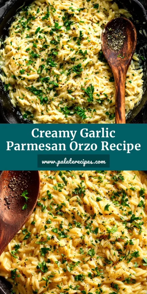 A skillet of creamy garlic parmesan orzo, garnished with fresh parsley. The perfect one-pan, 30-minute weeknight dinner.