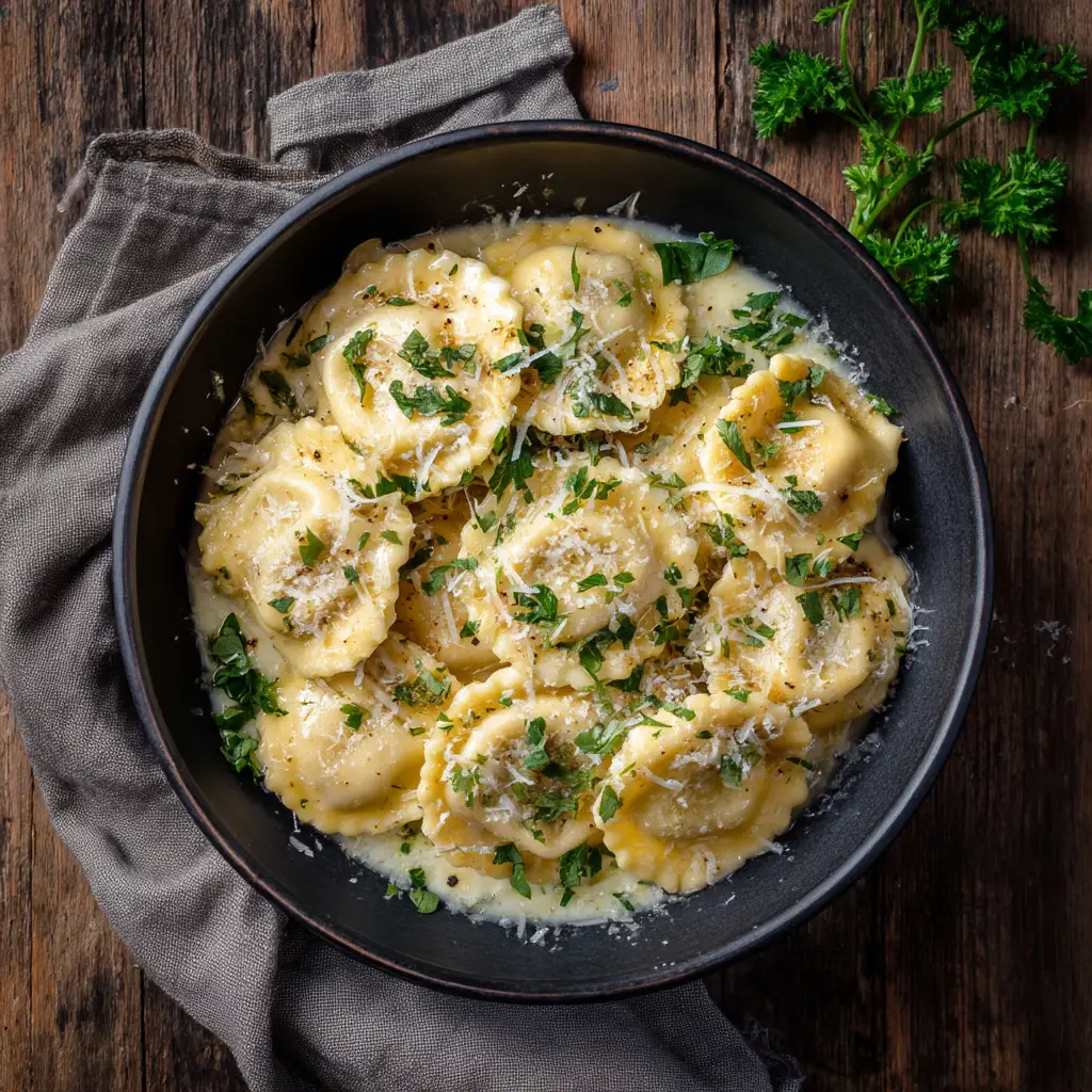 Garlic Parmesan Ravioli: The Creamiest 20-Minute Dinner 2 A fork lifting a piece of Garlic Parmesan Ravioli from a bowl, with the creamy sauce clinging to the pasta. A perfect bite ready to be eaten.