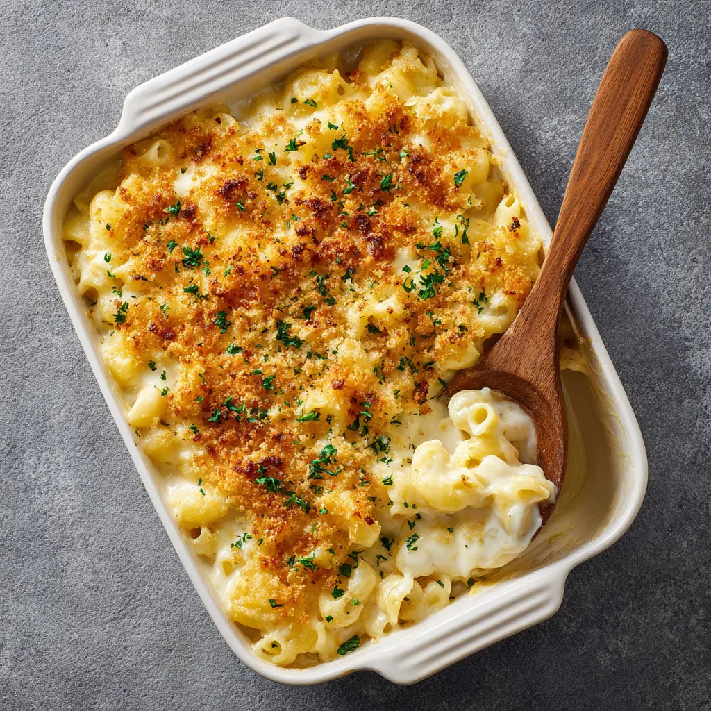 A scoop of homemade baked mac and cheese being lifted from a white baking dish, showing a creamy cheese pull.