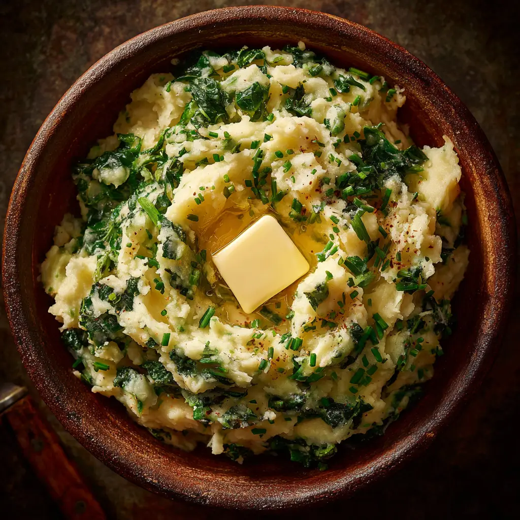 Irish Colcannon: The Ultimate Creamy & Comforting Recipe 3 An overhead view of a rustic bowl of creamy Irish Colcannon, made with mashed potatoes and tender kale. The dish is presented on a wooden table.