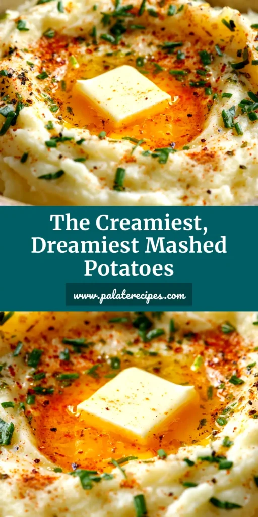 A large white bowl filled with creamy mashed potatoes, garnished with fresh herbs and a pat of melting butter. The perfect Mashed Potatoes Recipe.