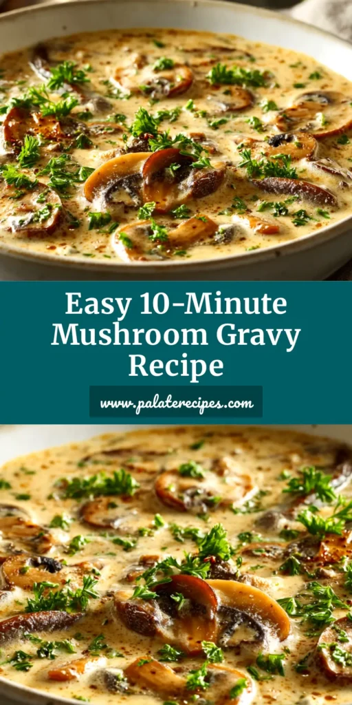 A rich and creamy mushroom gravy in a white serving bowl, garnished with fresh thyme. This image showcases the perfect texture for the best mushroom gravy recipe.