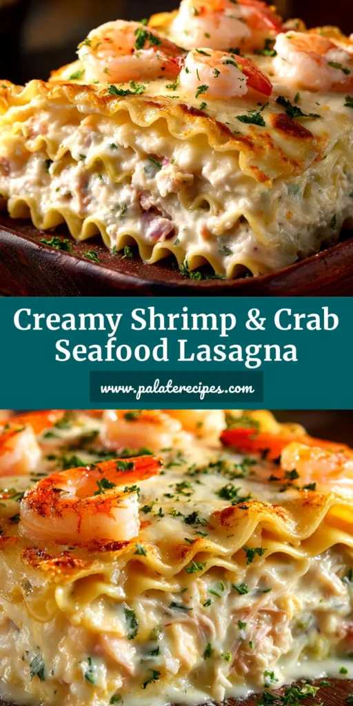 A delicious slice of creamy Seafood Lasagna on a white plate, showcasing layers of pasta, cheese, and a rich white sauce with shrimp and herbs.