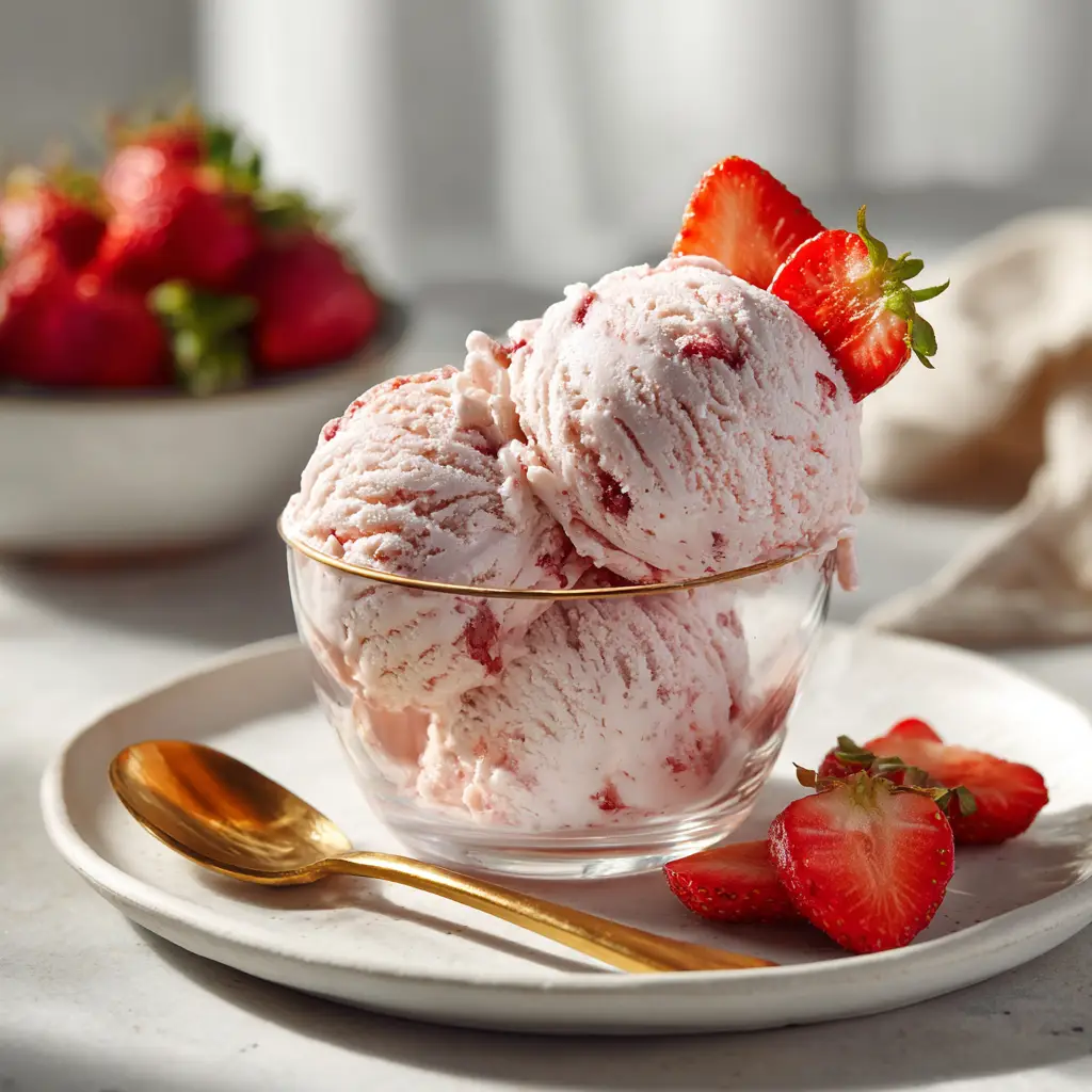 A spoonful of strawberry cottage cheese ice cream being lifted from a bowl, showcasing its rich, creamy texture.