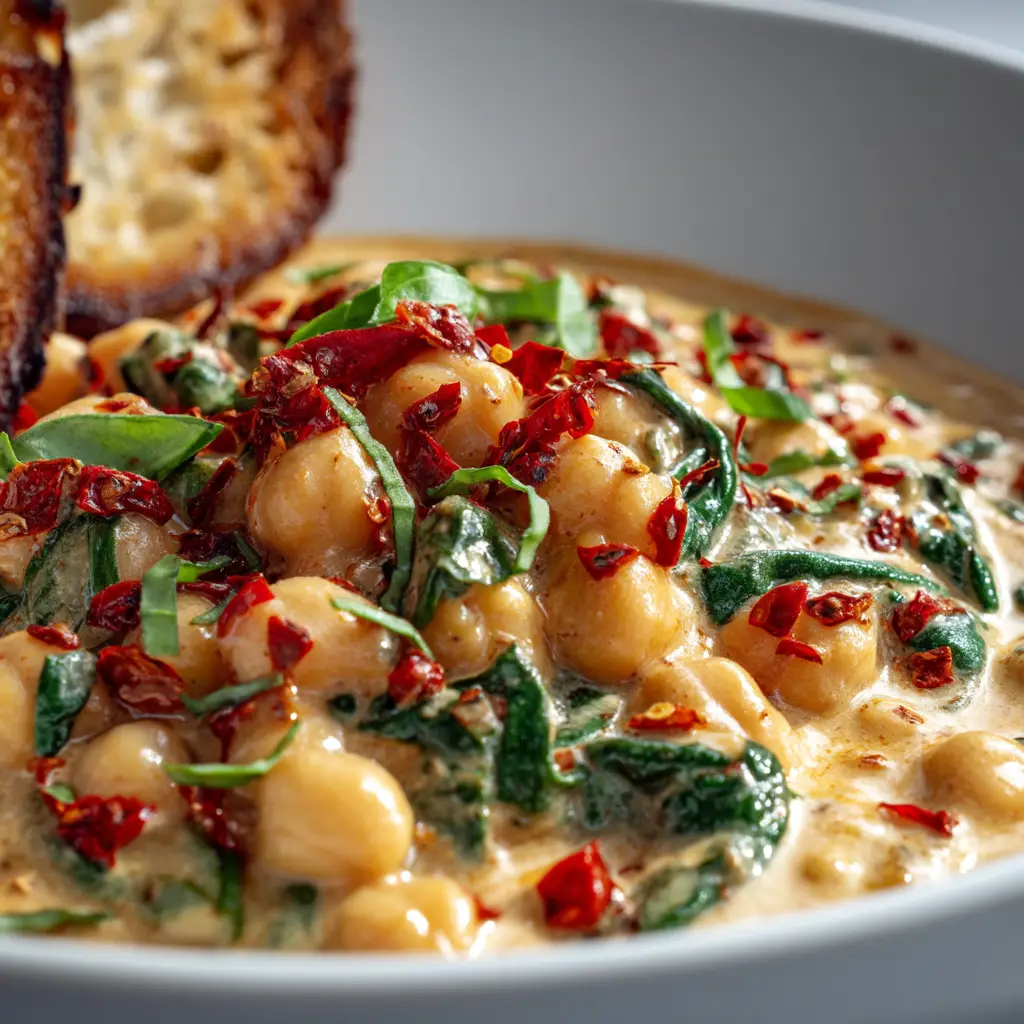 Marry Me Chickpeas: The Creamiest, Dreamiest 30-Minute Meal 3 A close-up shot of Tuscan chickpeas in a creamy sauce, showing the texture of the sun-dried tomatoes and wilted spinach.