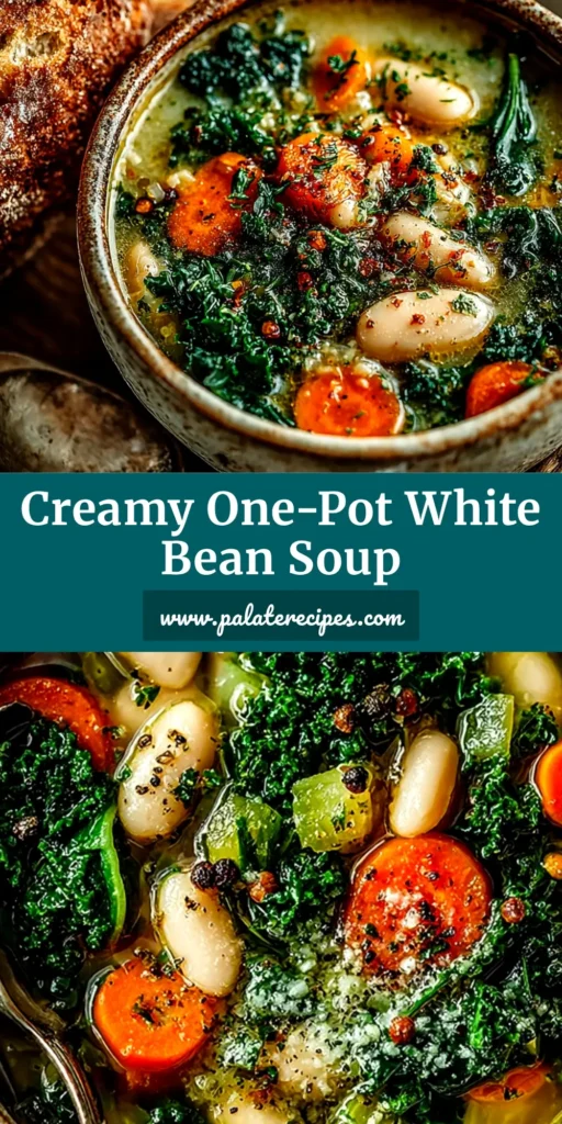 A close-up shot of a bowl of creamy white bean soup, garnished with fresh herbs and a drizzle of olive oil, ready to be shared on Pinterest.