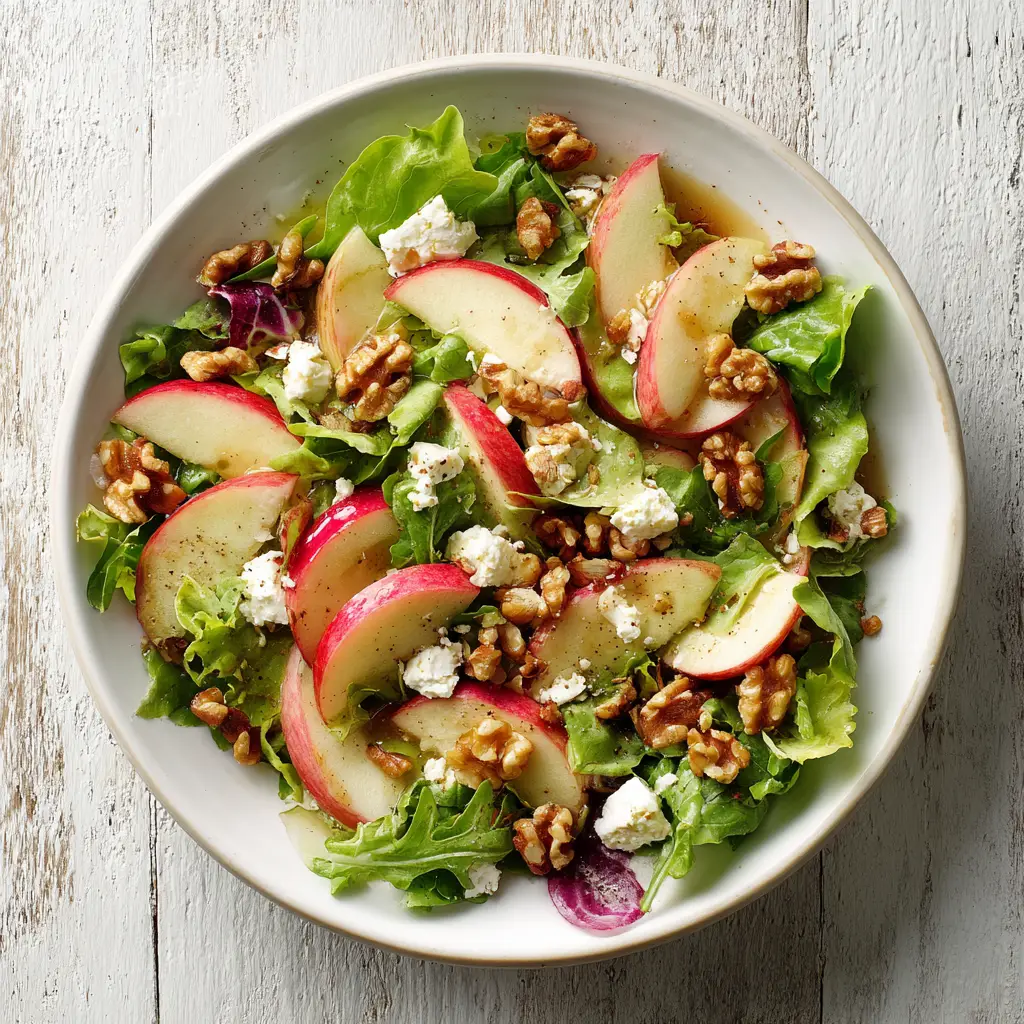 A close-up view of the crisp apple salad, with a focus on the candied pecans and tangy honey-dijon vinaigrette.