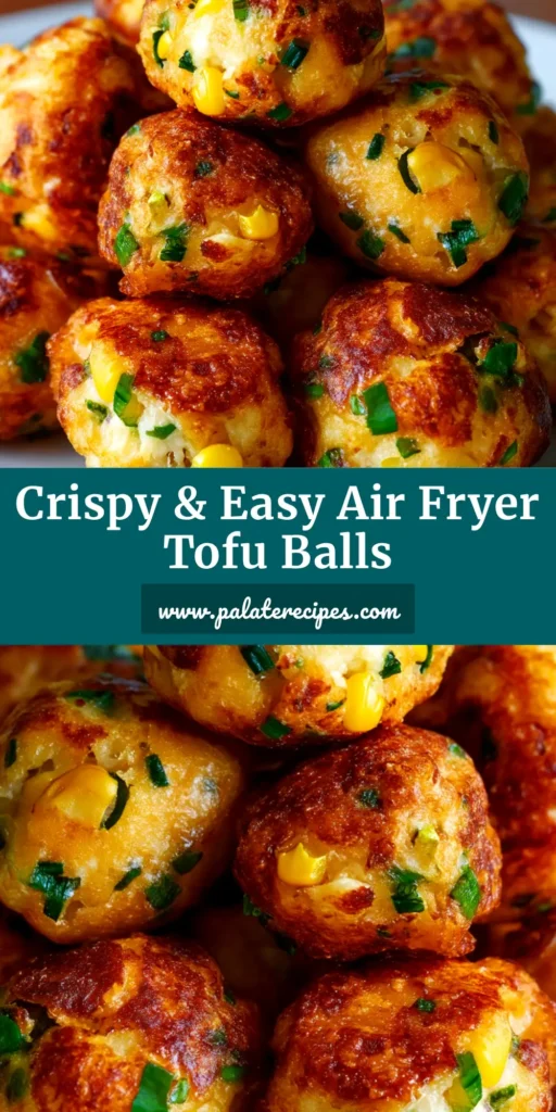 Air-Fried Tofu Balls: The Ultimate Crispy & Easy Recipe 4 Crispy Air-Fried Tofu Balls piled in a white bowl with a side of sweet chili dipping sauce. An easy and healthy vegetarian appetizer recipe perfect for a quick snack.