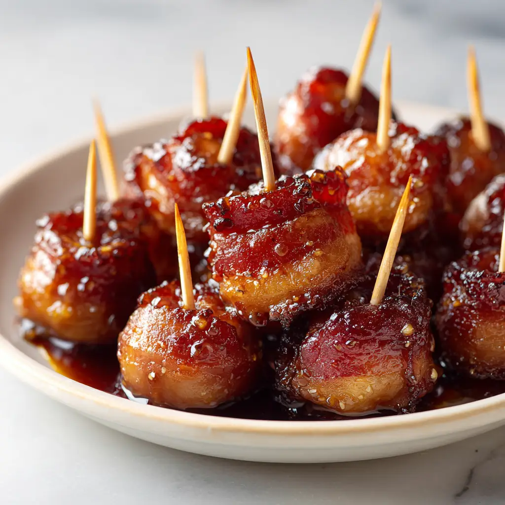Bacon Wrapped Water Chestnuts with Brown Sugar Glaze 3 A close-up shot of a pile of freshly baked bacon wrapped water chestnuts, showcasing their crispy texture and caramelized glaze.