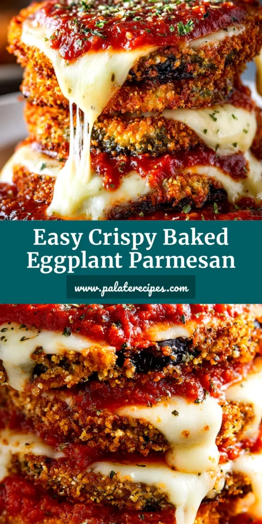 A close-up view of a serving of crispy baked eggplant parmesan on a white plate, showcasing layers of breaded eggplant, red marinara sauce, and melted golden-brown cheese, garnished with fresh basil.