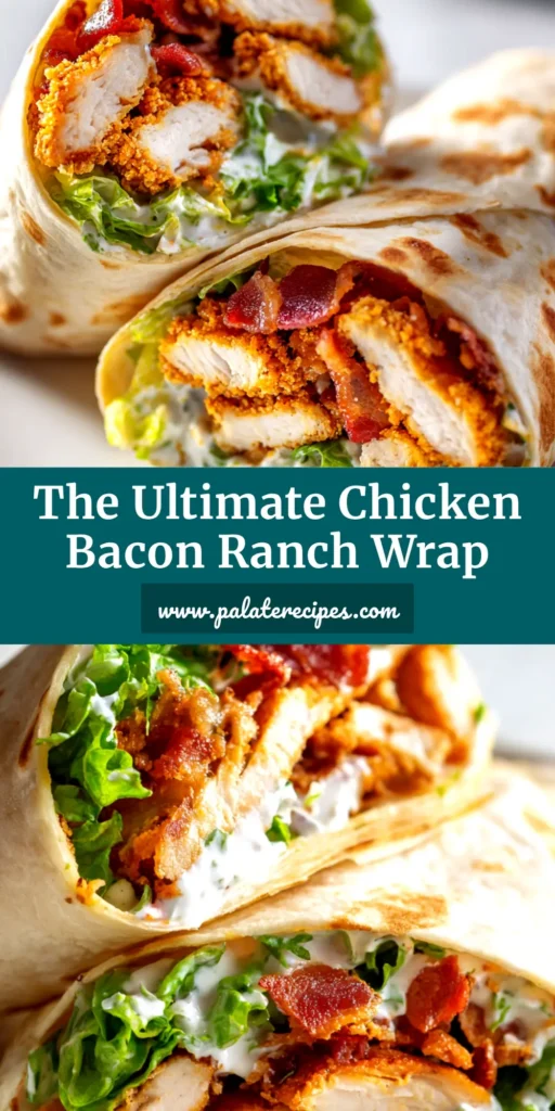 A delicious Crispy Chicken Bacon Ranch Wrap cut in half to show the filling of crispy chicken, bacon, lettuce, tomato, and cheese, with a side of ranch dressing.