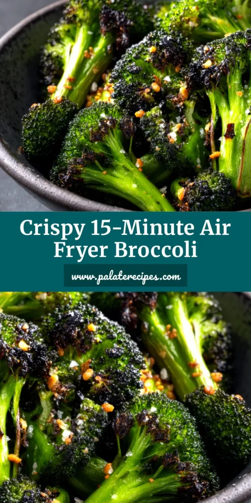 A top-down view of perfectly cooked crispy garlic air fryer broccoli in a white serving bowl, ready to be eaten.