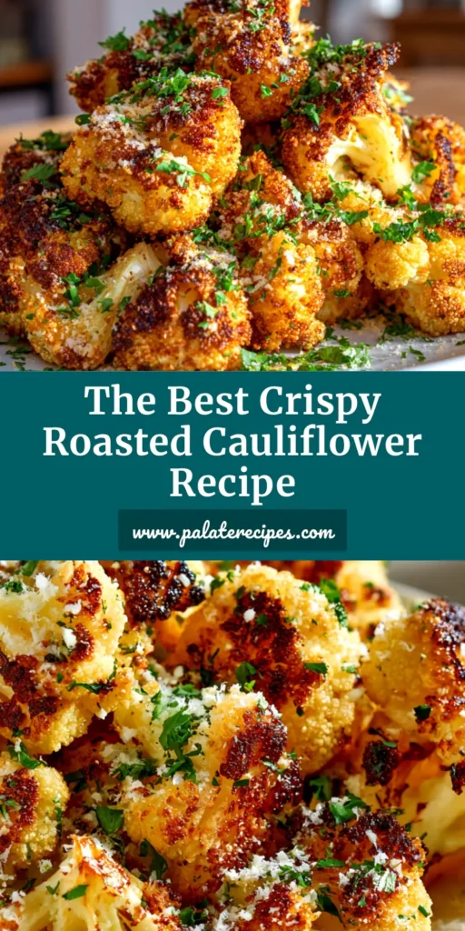 A shareable pin image showing a bowl of delicious Crispy Roasted Cauliflower with text overlay for Pinterest.