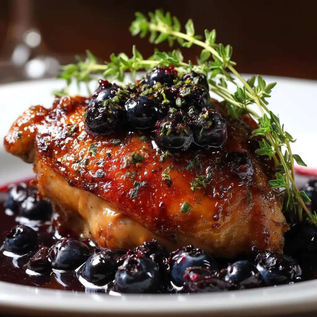 Blueberry Thyme Chicken: A Savory & Sweet Delight 3 A perfectly seared chicken thigh with crispy, golden-brown skin, resting on a plate before being added to the savory blueberry sauce.