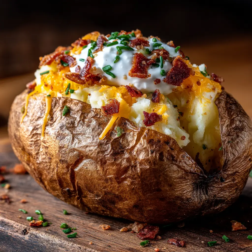 Air Fryer Baked Potato: The Ultimate Guide to Crispy Skin & Fluffy Perfection 3 A close-up of a golden-brown baked potato with crispy skin, fresh out of the air fryer and ready to be sliced.